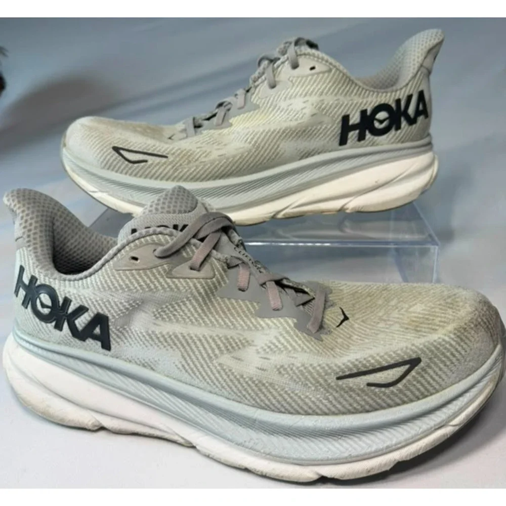 HOKA ONE ONE Clifton 9 Men's Size 12.5 D Running Shoes - Grey / White Pre-Owned